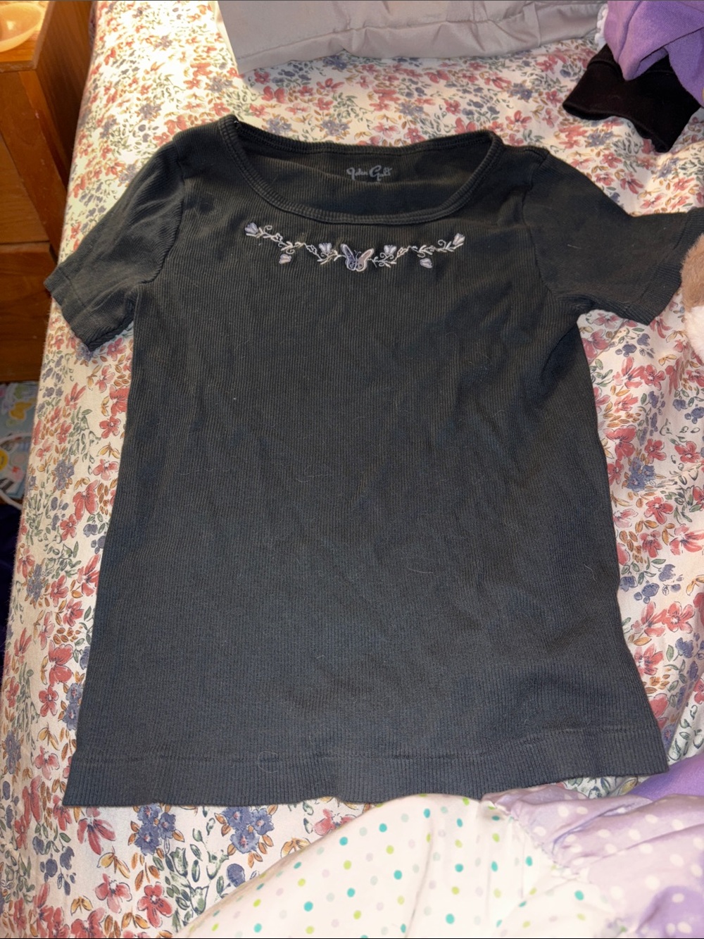 Brandy Melville Black Ribbed Cropped Tee with Pale Lavender Embroidery